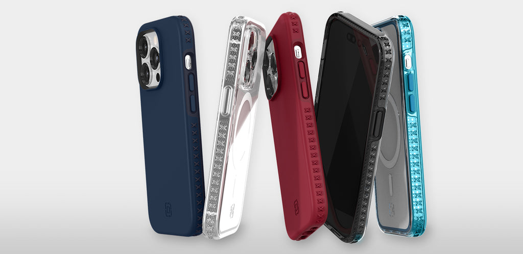 incipio Grip cases lined up veritically to share clarity and color