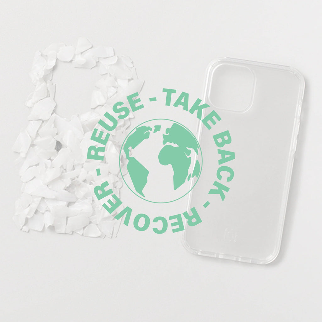 Incipio sustainability image with phone case and plastic pieces for recycling 